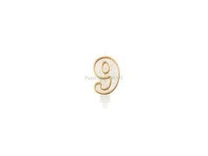 451097 Dortová svíčka č.9 zlacená s glitry 7,5 cm