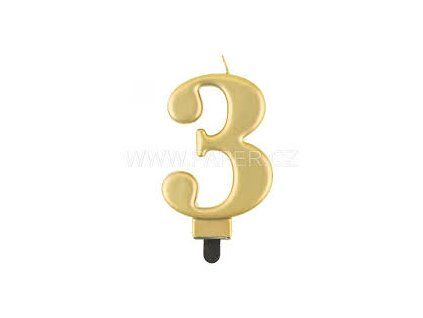 450803 Dortová svíčka č.3 metalická, zlatá 8 cm
