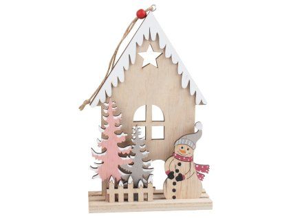 DŘEVĚNÝ DOMEK SE SNĚHULÁKEM NA ZAVĚŠENÍ 20CM 5536 X