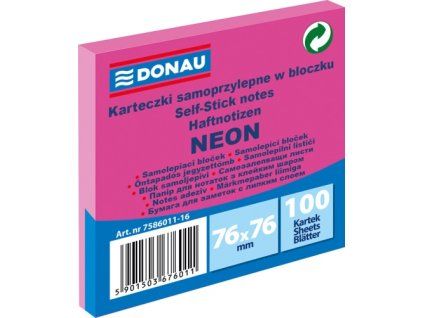 Samolepící bloček DONAU 76x76mm,100 l,neon.růžový U7586011-16